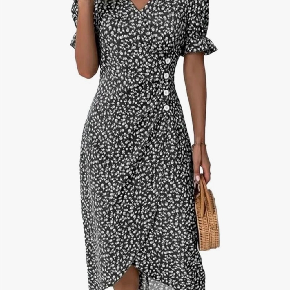 Women's Black Floral Wrap Midi Dress - Classic Daytime Style